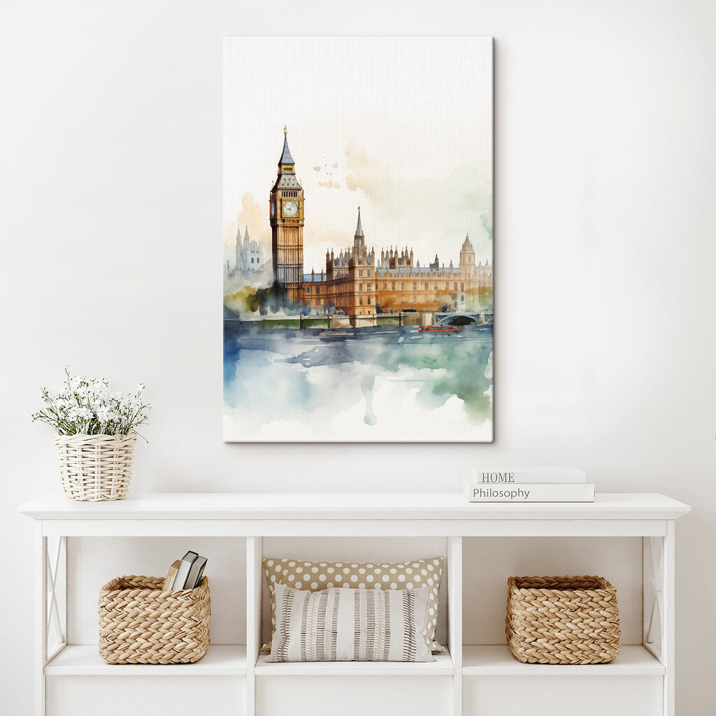 Aquarell eines Gebäudes mit einem Uhrturm