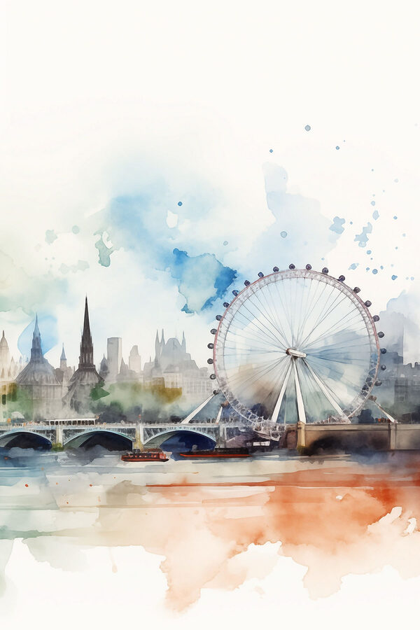 Aquarell einer Stadt mit einem Riesenrad und einer Brücke Aquarell einer Stadt mit einem Riesenrad und einer Brücke