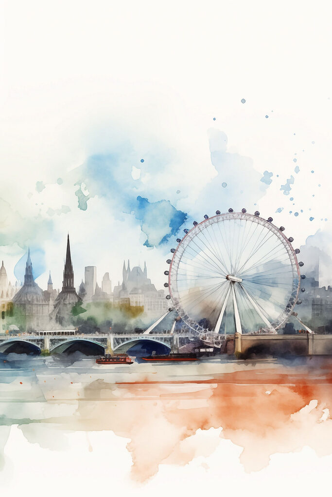 Aquarell einer Stadt mit einem Riesenrad und einer Brücke Aquarell einer Stadt mit einem Riesenrad und einer Brücke