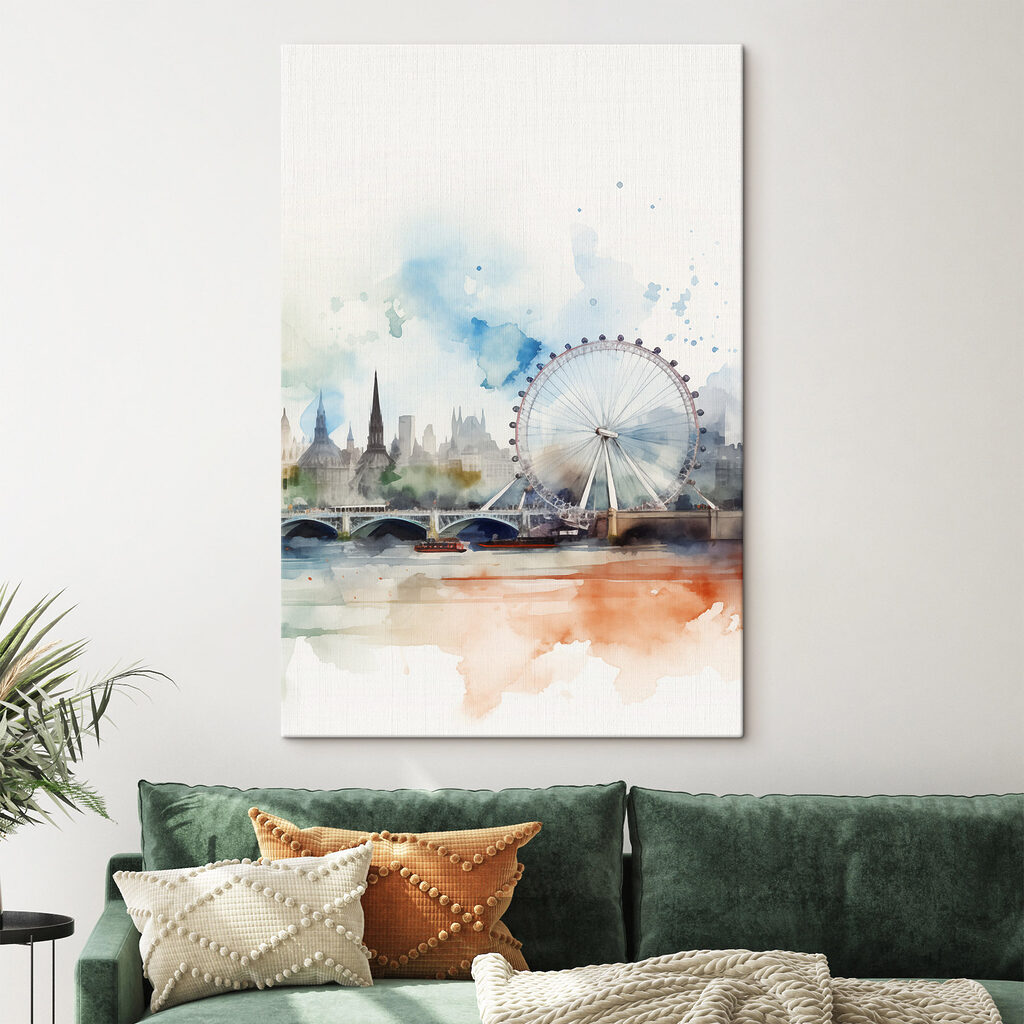 Watercolor of a city with a ferris wheel and a bridge Watercolor of a city with a ferris wheel and a bridge