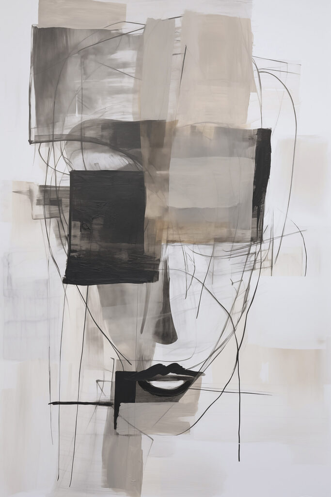 Painting of a face with black and white squares and lines