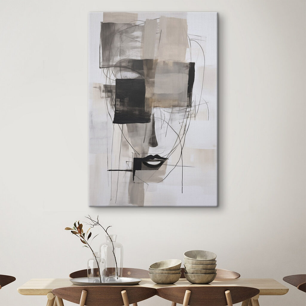 Painting of a face with black and white squares and lines