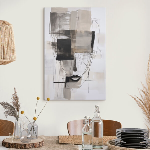 Painting of a face with black and white squares and lines Painting of a face with black and white squares and lines