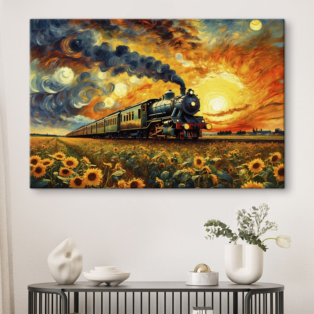 Train on the tracks with sunflowers and smoke coming out of the engine Train on the tracks with sunflowers and smoke coming out of the engine