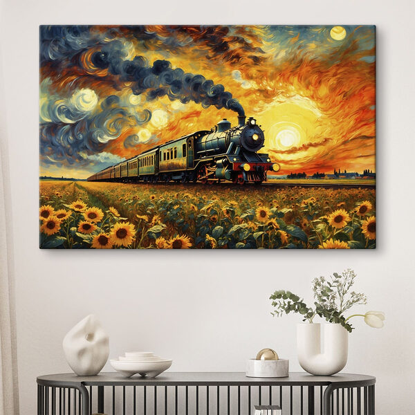 Train on the tracks with sunflowers and smoke coming out of the engine Train on the tracks with sunflowers and smoke coming out of the engine