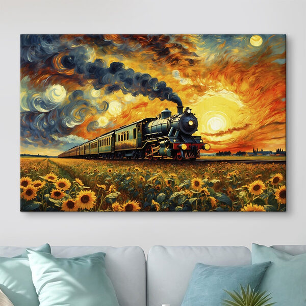 Train on the tracks with sunflowers and smoke coming out of the engine Train on the tracks with sunflowers and smoke coming out of the engine