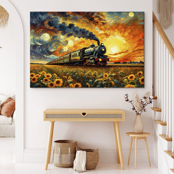 Train on the tracks with sunflowers and smoke coming out of the engine Train on the tracks with sunflowers and smoke coming out of the engine