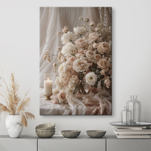 Vase of flowers and a candle Vase of flowers and a candle