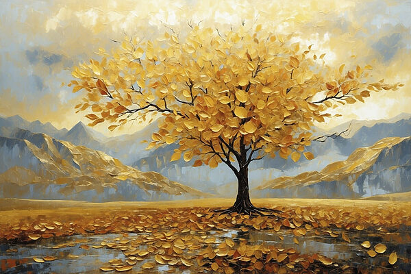 Tree with yellow leaves in a field