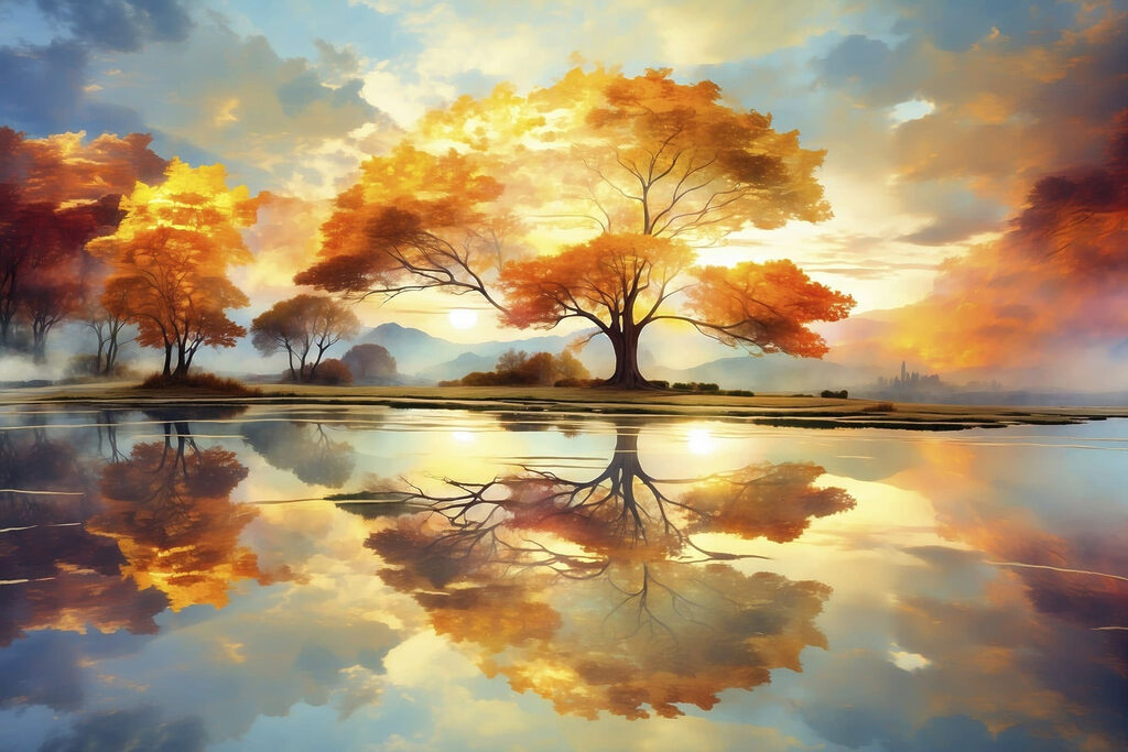 Tree with yellow leaves on the ground and a body of water