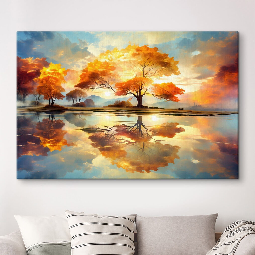 Tree with yellow leaves on the ground and a body of water