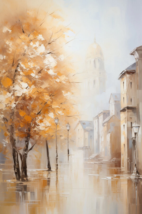 Painting of a street with trees and buildings in the background