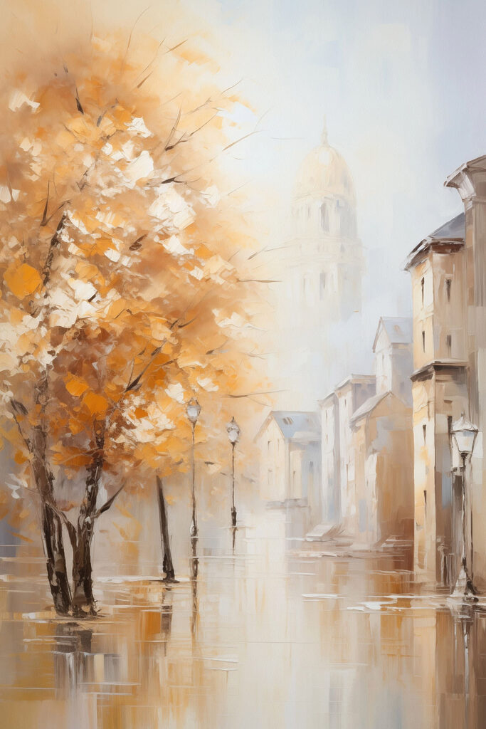 Painting of a street with trees and buildings in the background