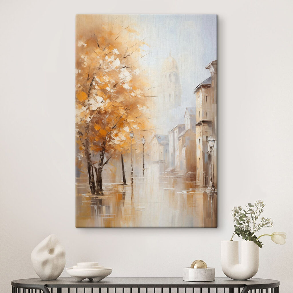 Painting of a street with trees and buildings in the background