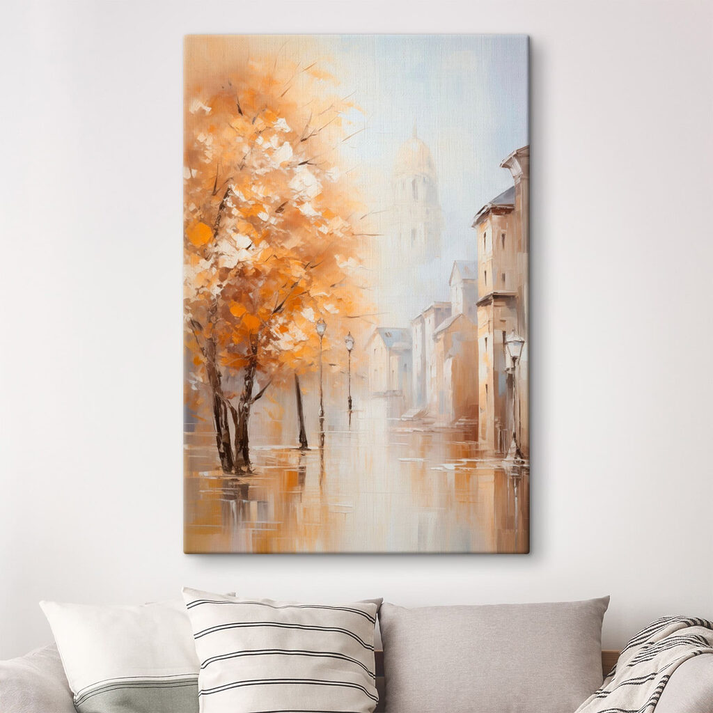 Painting of a street with trees and buildings in the background