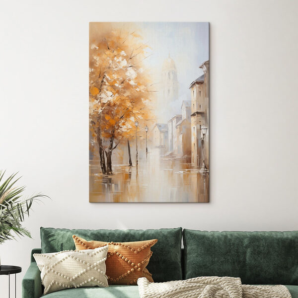 Painting of a street with trees and buildings in the background