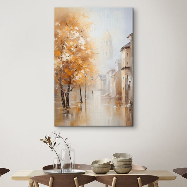 Painting of a street with trees and buildings in the background