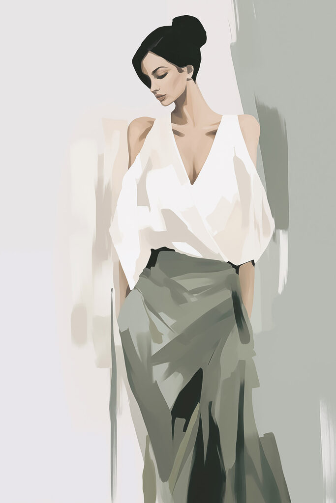 Woman in a white shirt and green skirt