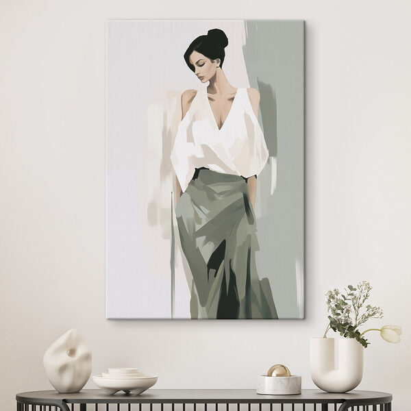 Woman in a white shirt and green skirt