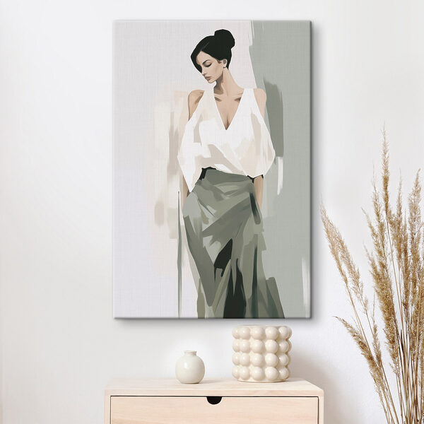 Woman in a white shirt and green skirt