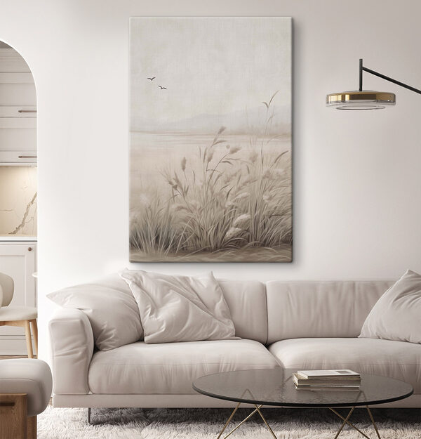 Painting of a field of grass and birds flying in the sky Painting of a field of grass and birds flying in the sky