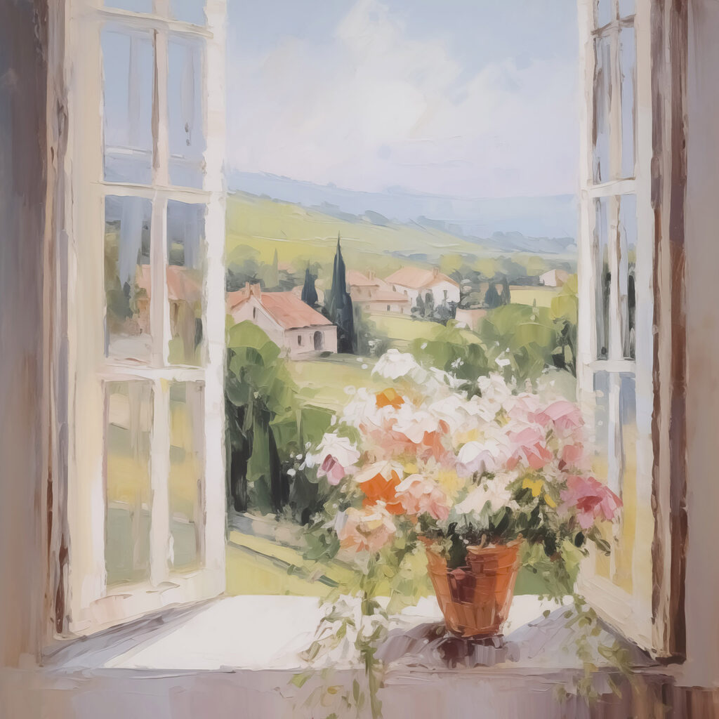 Painting of a window with flowers in it Painting of a window with flowers in it