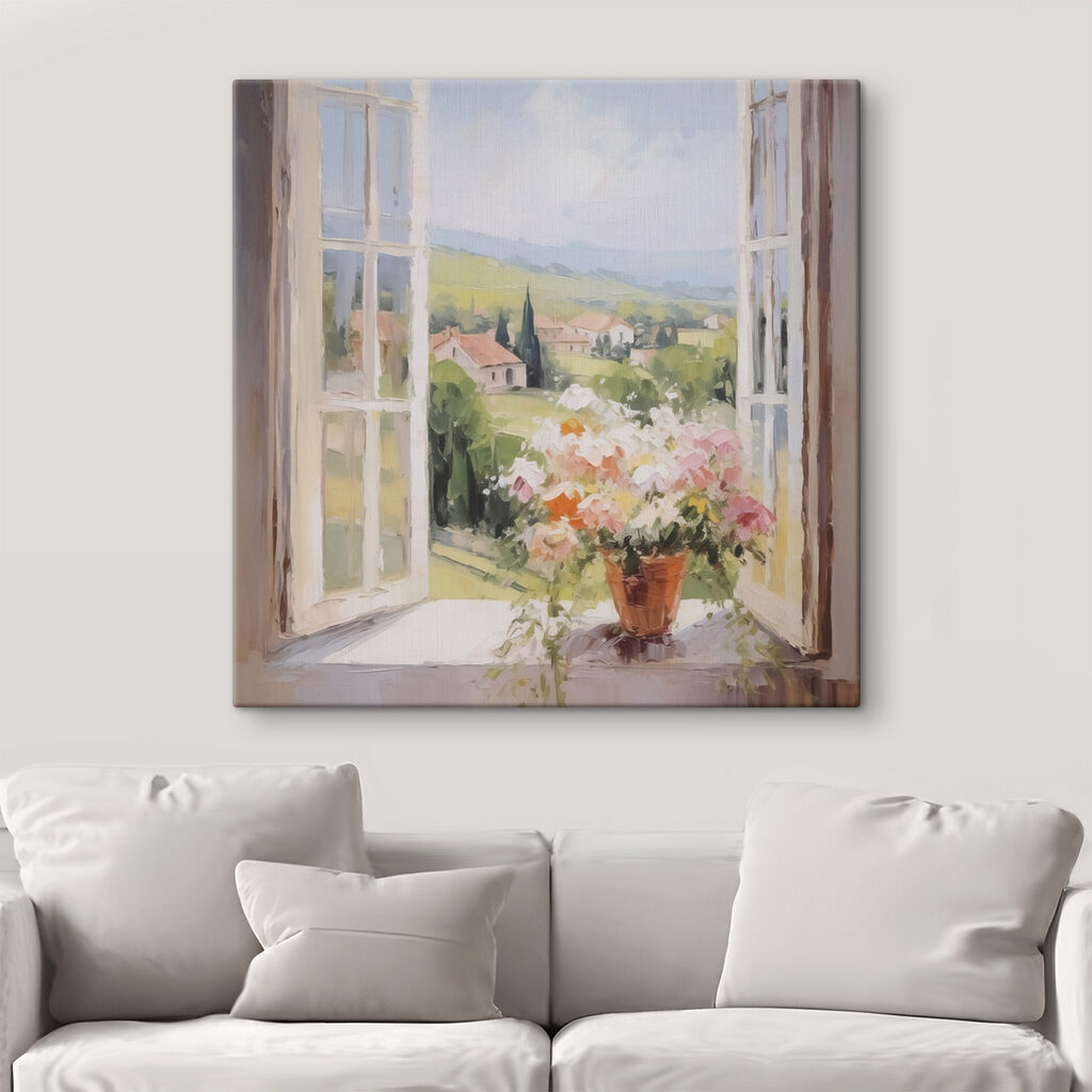 Painting of a window with flowers in it Painting of a window with flowers in it