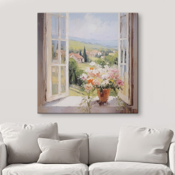 Painting of a window with flowers in it Painting of a window with flowers in it