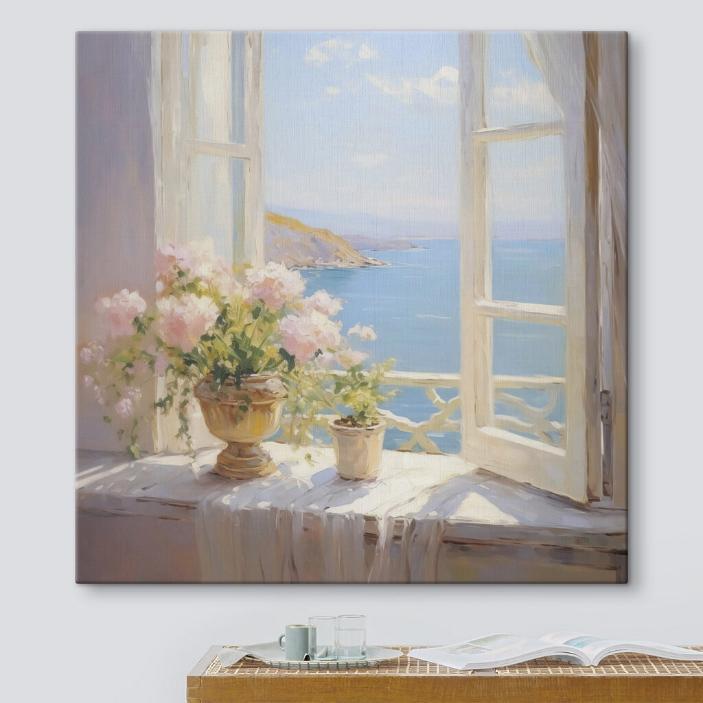 Painting of flowers on a window sill