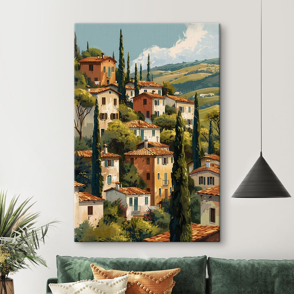 Group of houses with trees and hills in the background