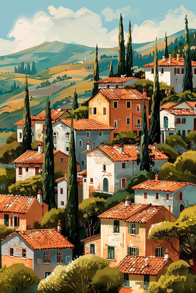 Group of houses with trees and hills in the background Group of houses with trees and hills in the background