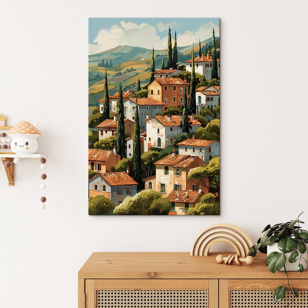 Group of houses with trees and hills in the background Group of houses with trees and hills in the background