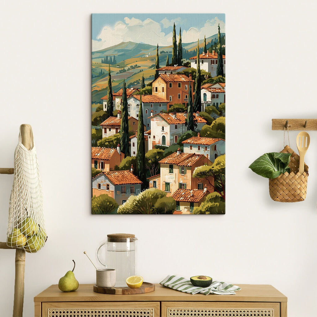 Group of houses with trees and hills in the background Group of houses with trees and hills in the background