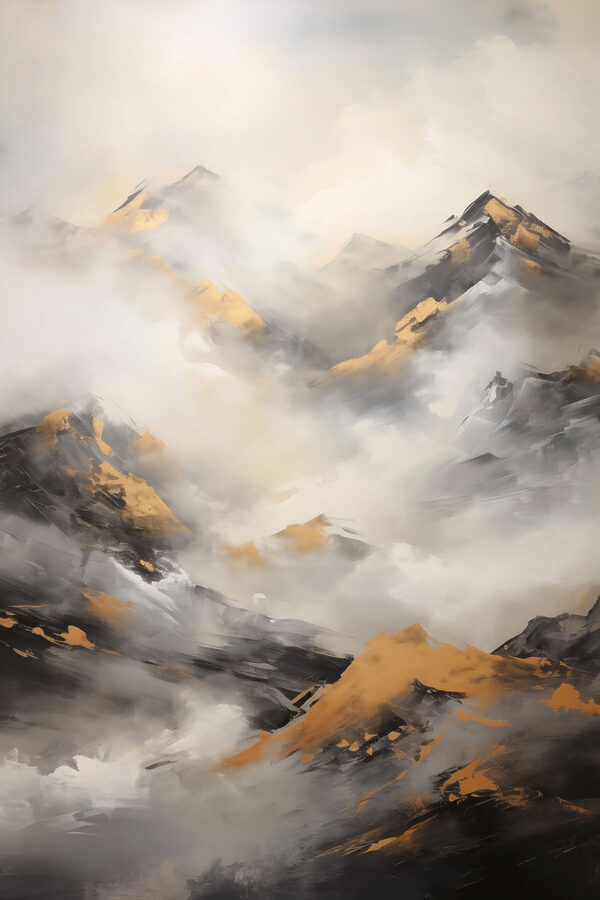 Painting of mountains with clouds