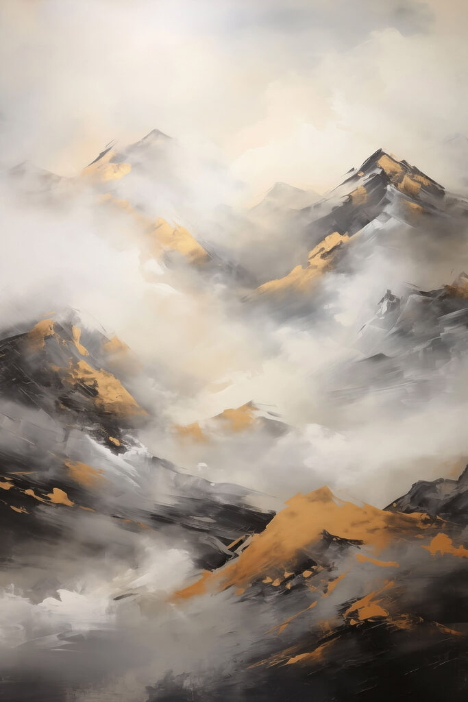 Painting of mountains with clouds