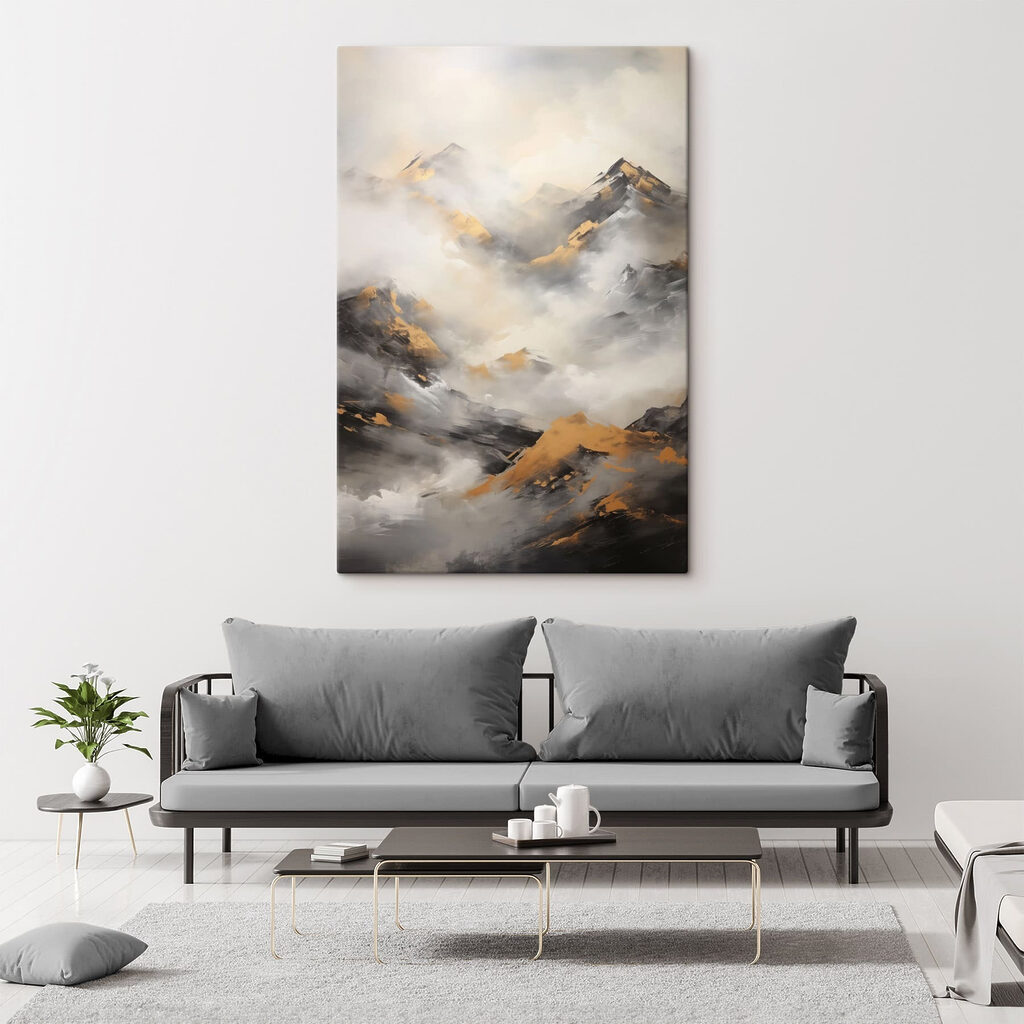 Painting of mountains with clouds