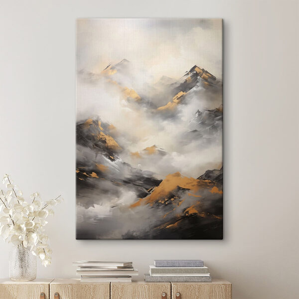 Painting of mountains with clouds