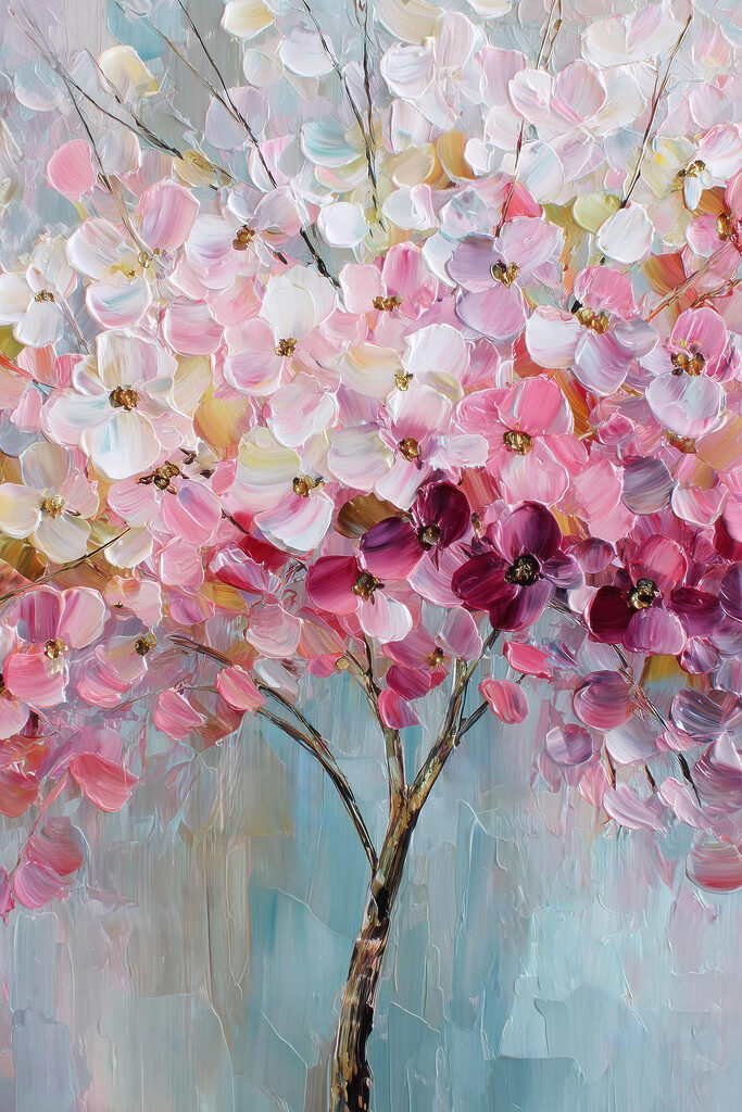 Painting of a tree with pink flowers