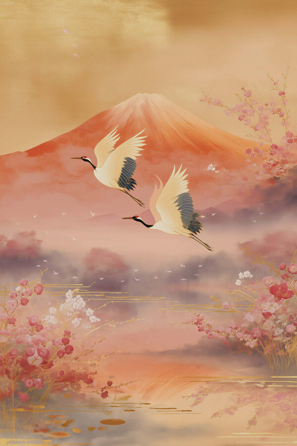 Painting of birds flying over a mountain Painting of birds flying over a mountain
