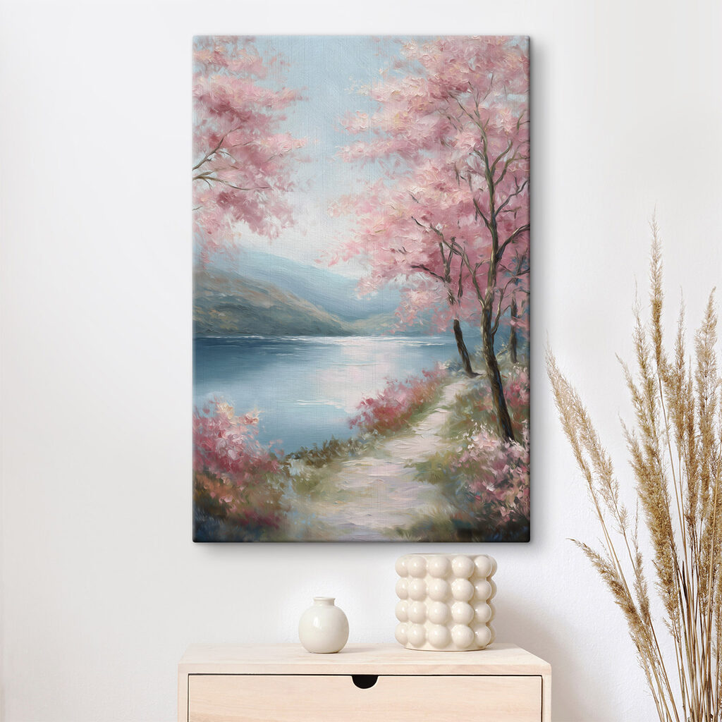 Painting of a lake with pink trees and mountains