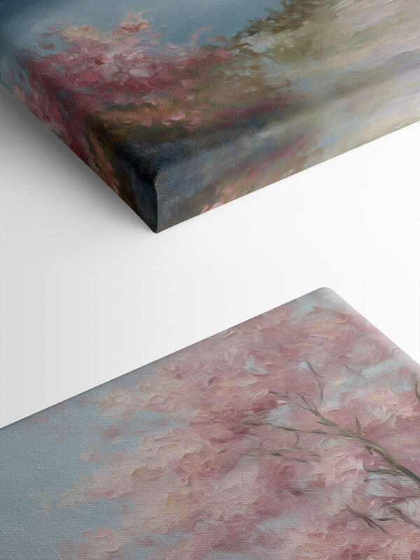 Painting of a lake with pink trees and mountains