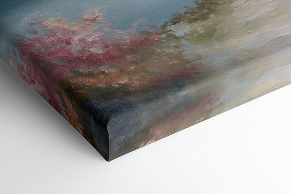 Painting of a lake with pink trees and mountains