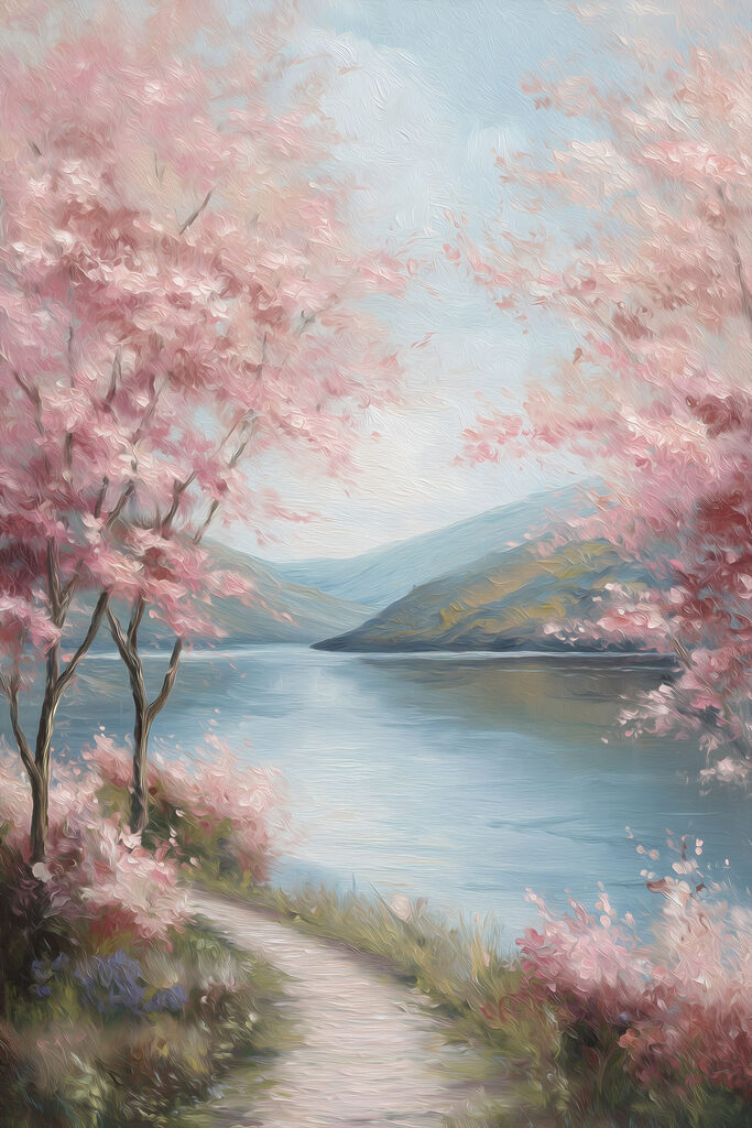 Painting of a lake with pink flowers