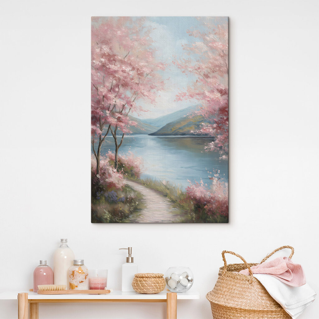Painting of a lake with pink flowers