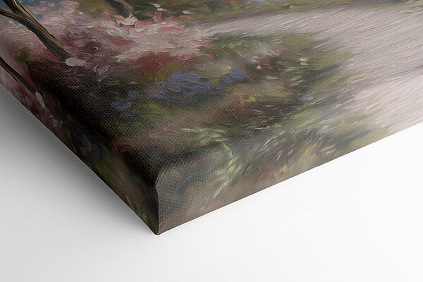 Painting of a lake with pink flowers