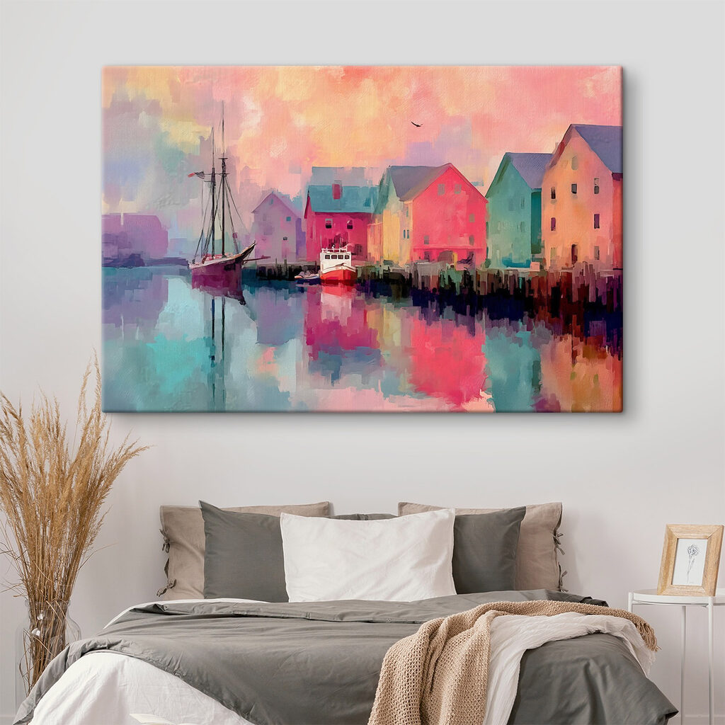 Colorful houses and a boat on the water