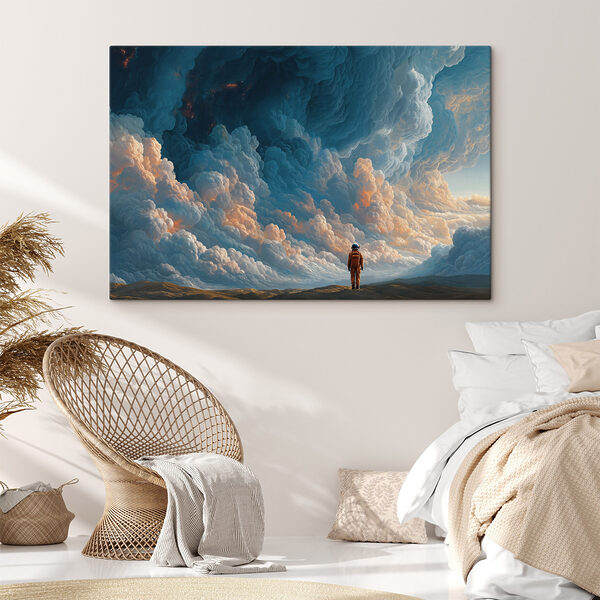 Person standing in a desert with clouds in the background