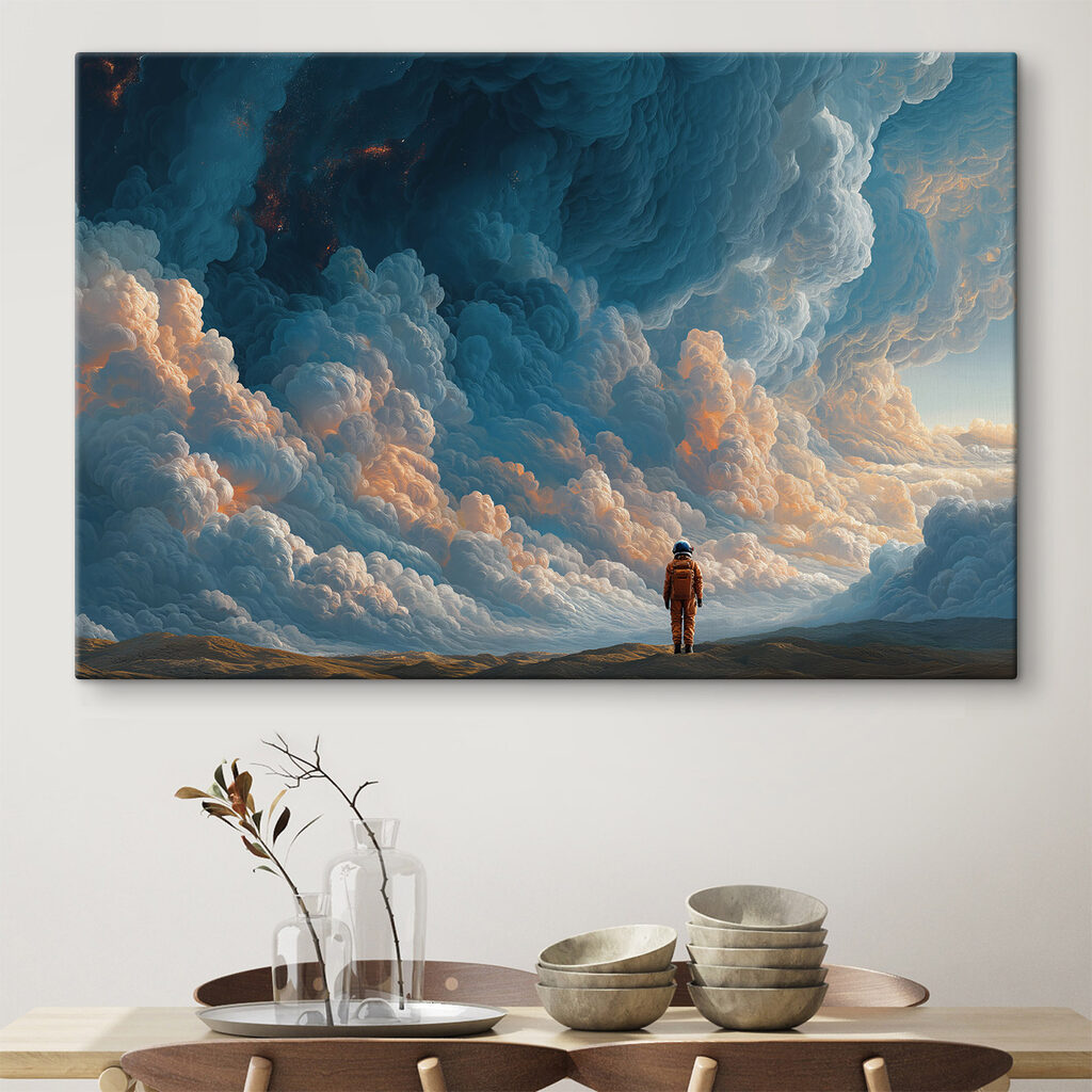 Person standing in a desert with clouds in the background