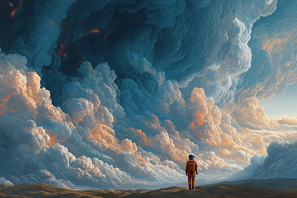 Person standing in a desert with clouds in the background