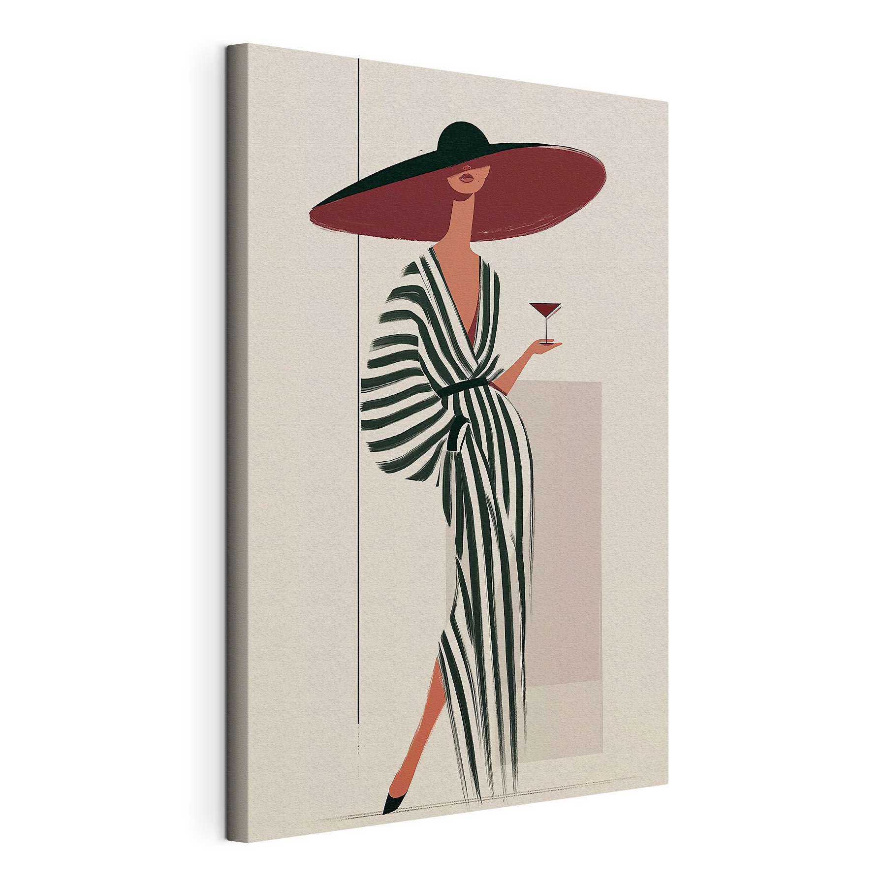 Woman in a striped dress holding a glass of wine